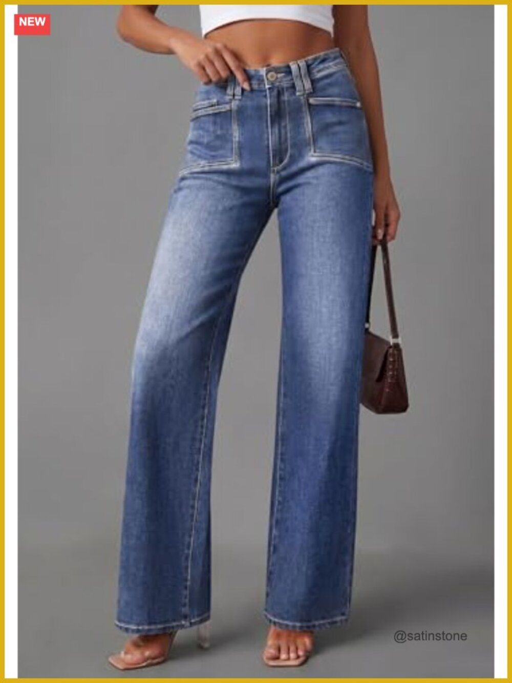 High Waisted Wide Leg Stretchy Denim Pants with Pockets - Picture 5 of 6